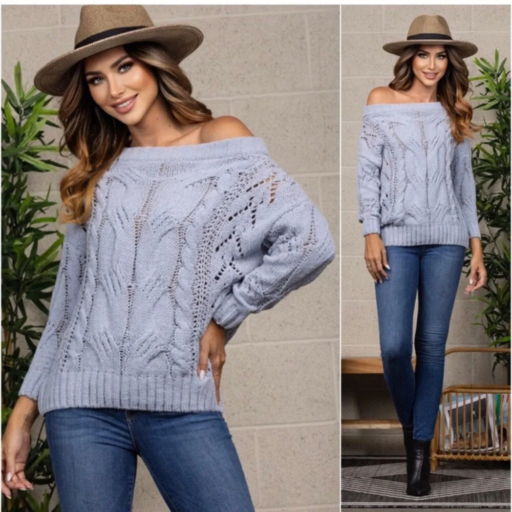 LAST ONE: Powder blue women’s cute off shoulder must have trendy fall sweater - Picture 1 of 2